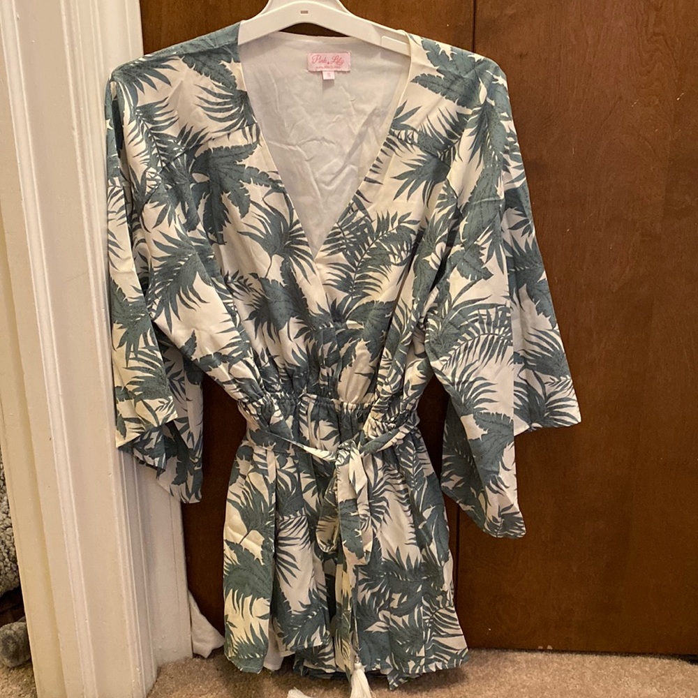 Pink Lily Green and White Tropical Print Romper Jumpsuit